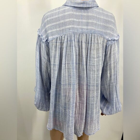 Free People Blue Gauzy Shirt Blouse Size M - Picture 8 of 11